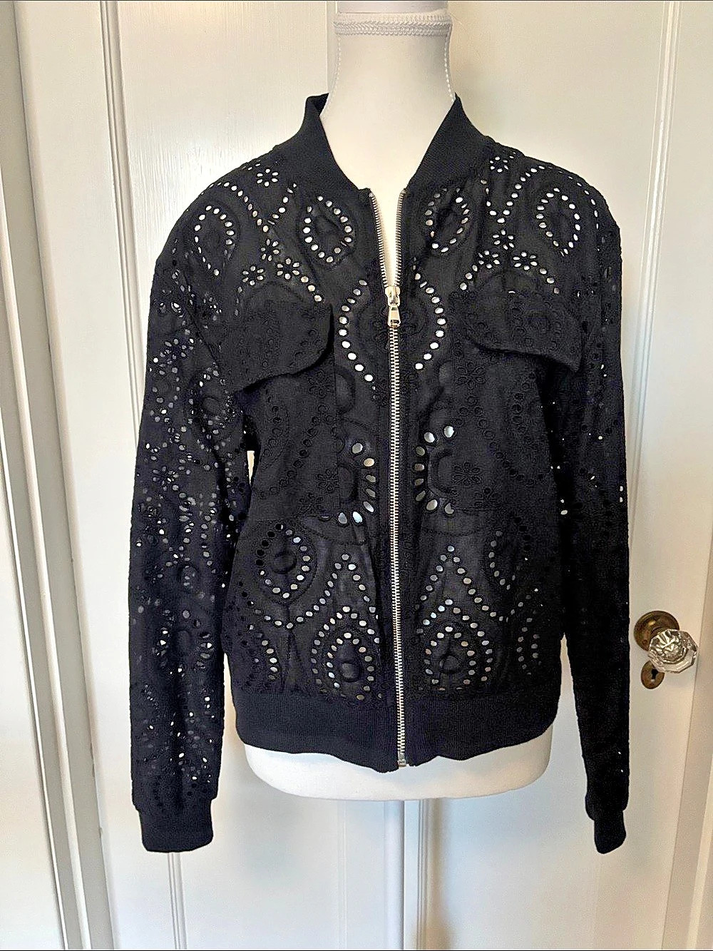 EVEREVE Ryan Eyelet Bomber Jacket Eyelet Bomber Jacket in Black Size Medium